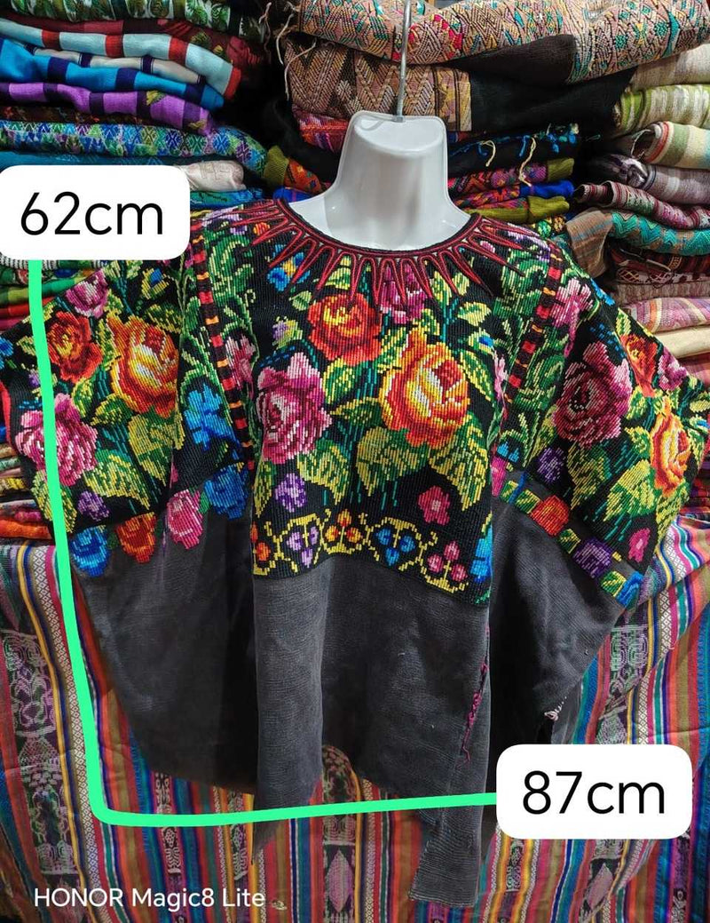 Old Fashioned Roses on Black Chichicastenango Huipil #6-481