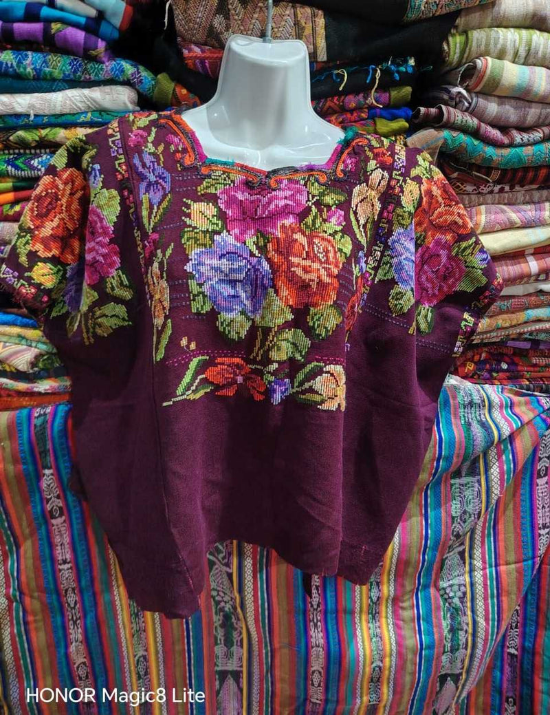 Old Fashioned Roses on Burgundy Chichicastenango Huipil #6-482