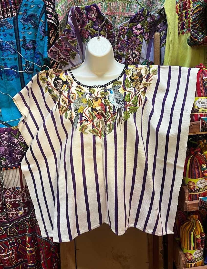 Berry and Ivory Striped Santiago Huipil #7-54