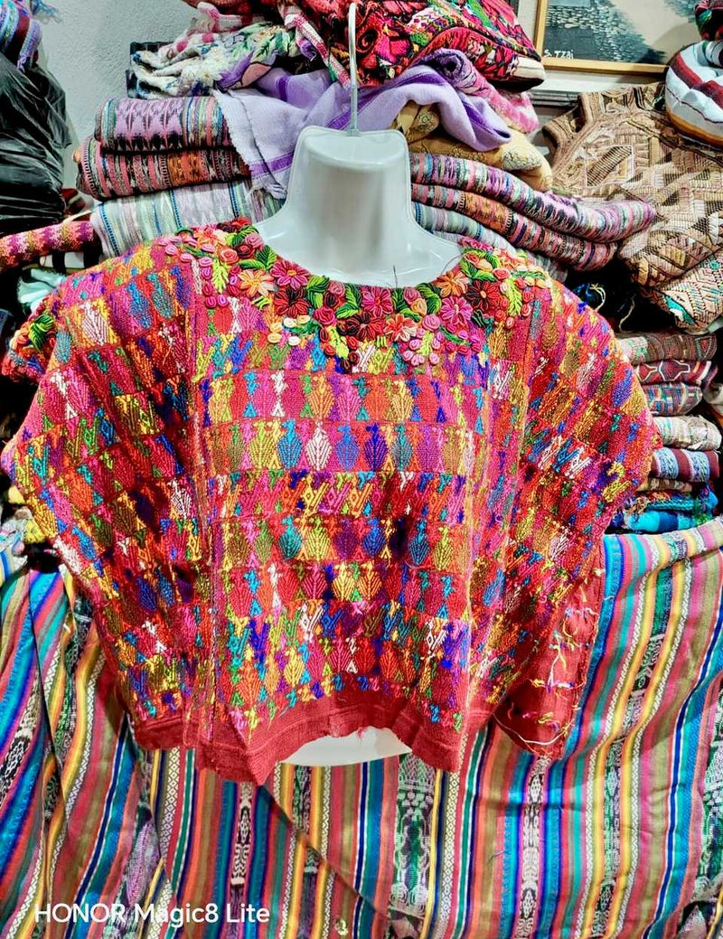 Red with Rococo Neckline Coban Huipil #7-107