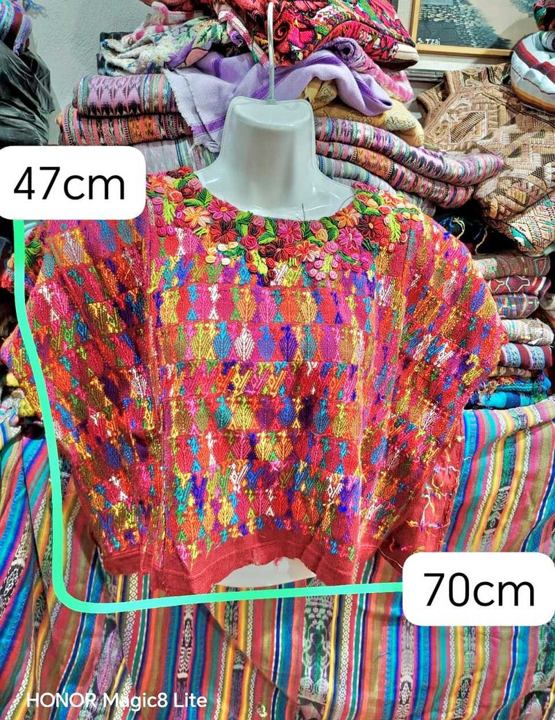 Red with Rococo Neckline Coban Huipil #7-107