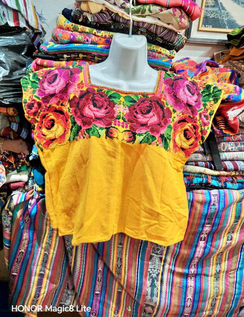 Roses on Yellow Chichicastenango Huipil #7-144