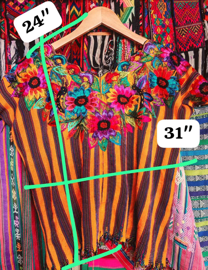 Flowers On Orange And Violet Stripes Santiago Huipil #7-211