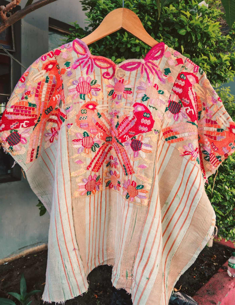 Red Birds On Beige Stripes Chichicastenango Huipil #7-221