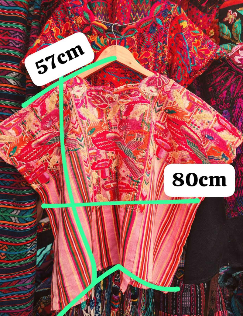 Red Parrots On Pink Stripes Chichicastenango Huipil #7-471