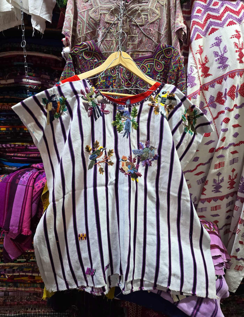 White and purple stripes with birds Santiago Huipil #7-492