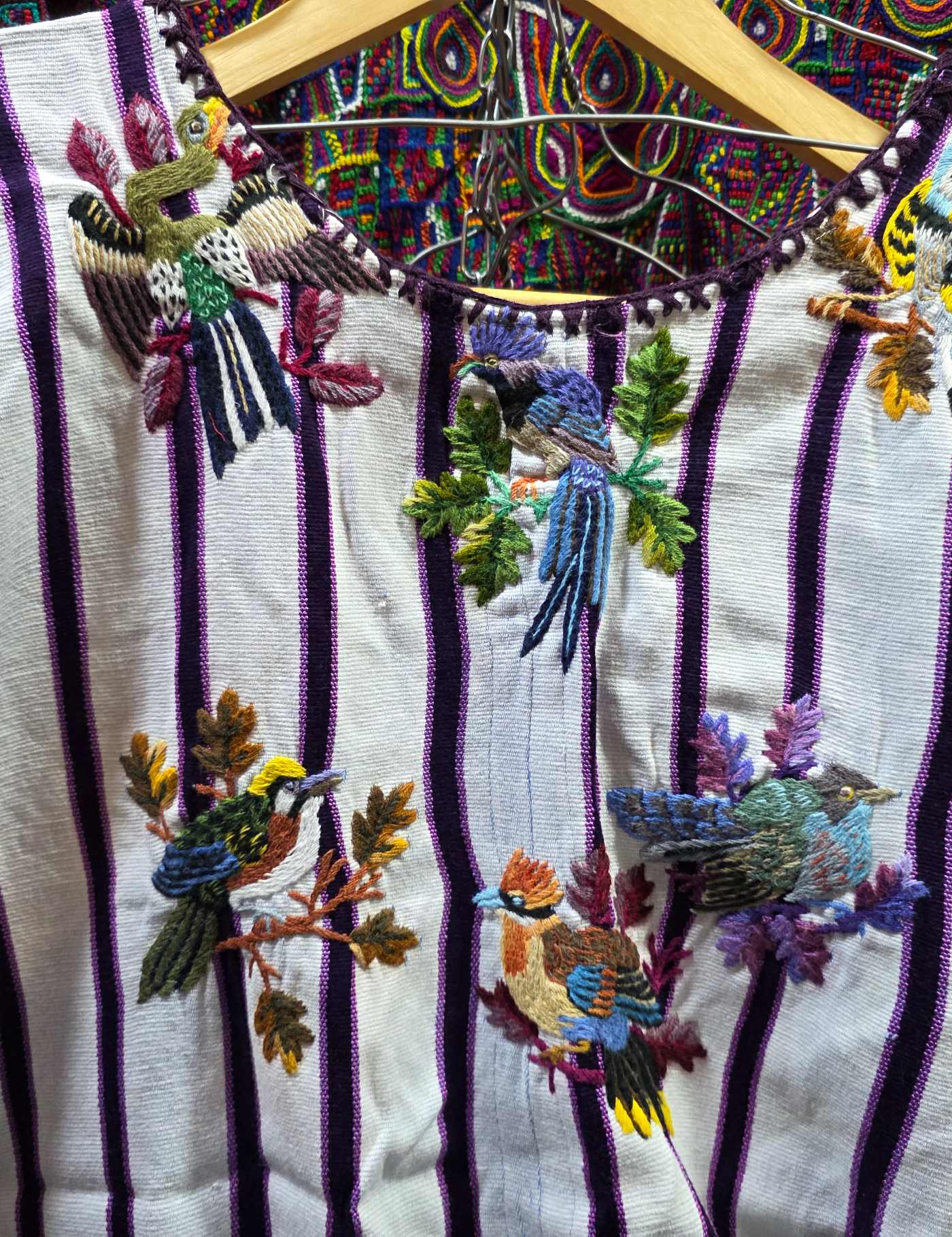 White and purple stripes with birds Santiago Huipil #7-492