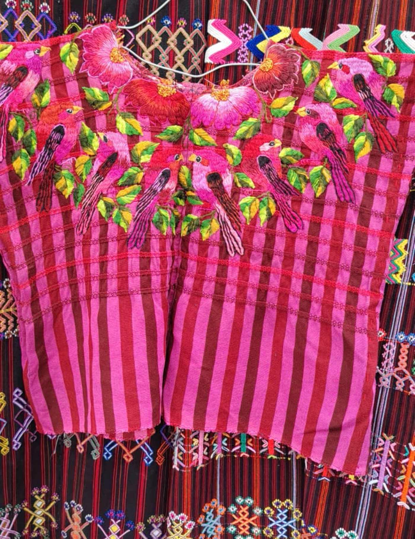 Hot Pink Parrots On Gingham Santiago Huipil #7-496
