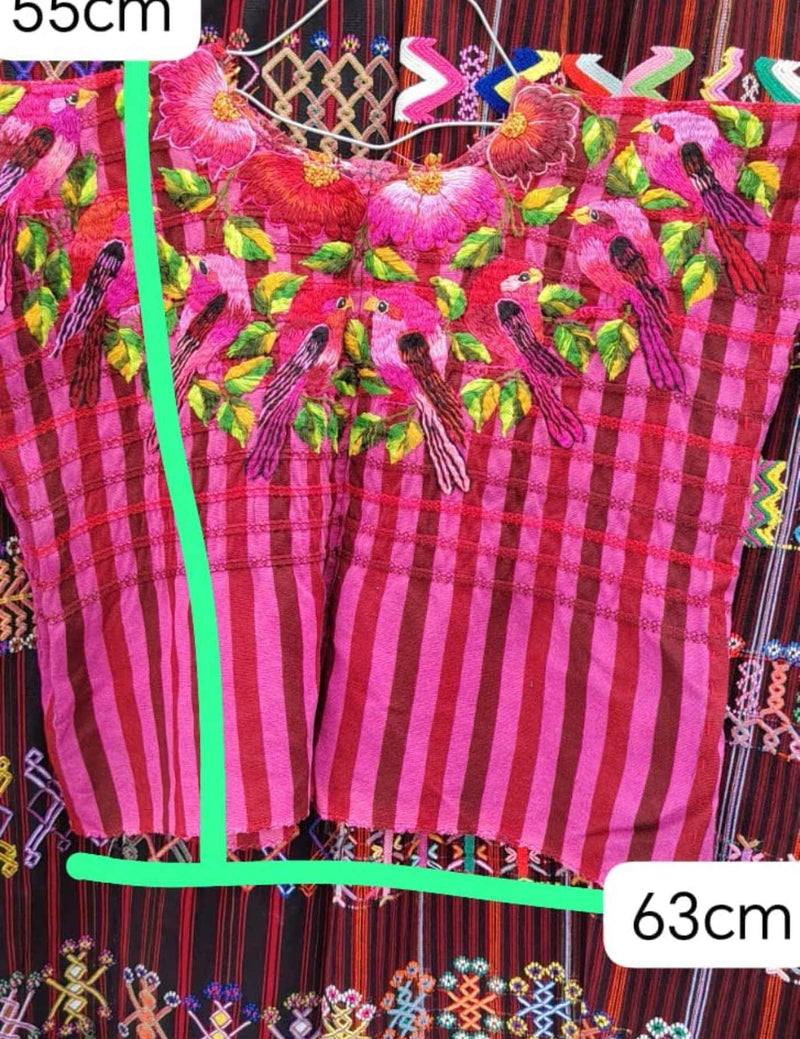 Hot Pink Parrots On Gingham Santiago Huipil #7-496