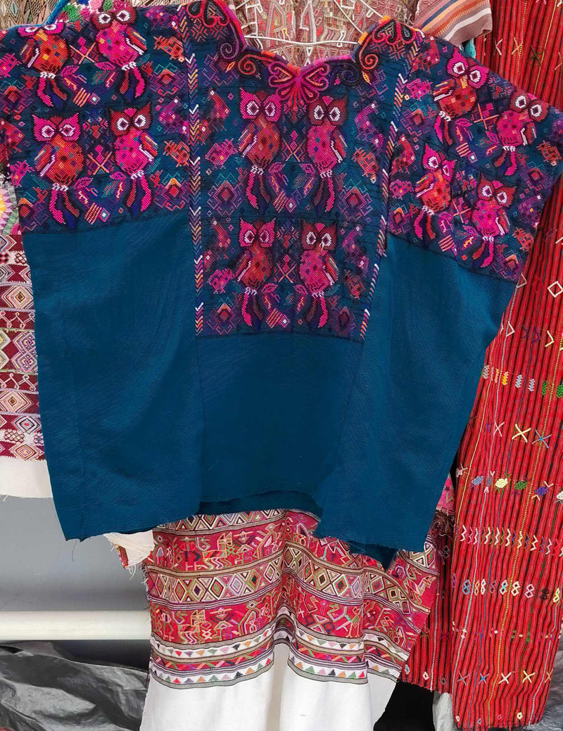 Pink Owls on Blue Chichicastenango Huipil #7-508