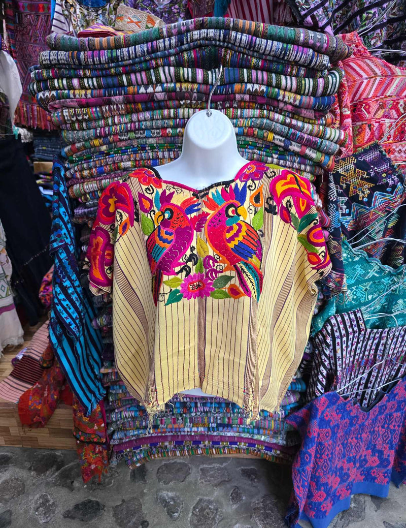 Pale Yellow with multicolor cotton embroidery Chichicastenango Huipil #7-538