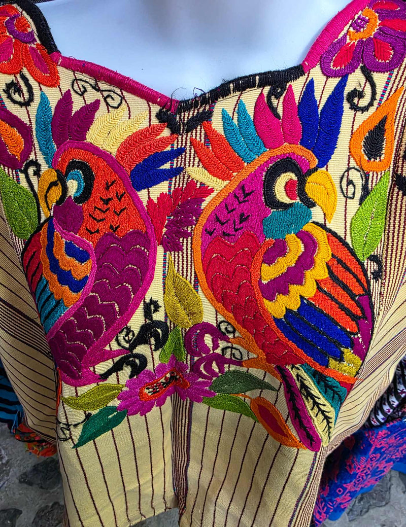 Pale Yellow with multicolor cotton embroidery Chichicastenango Huipil #7-538