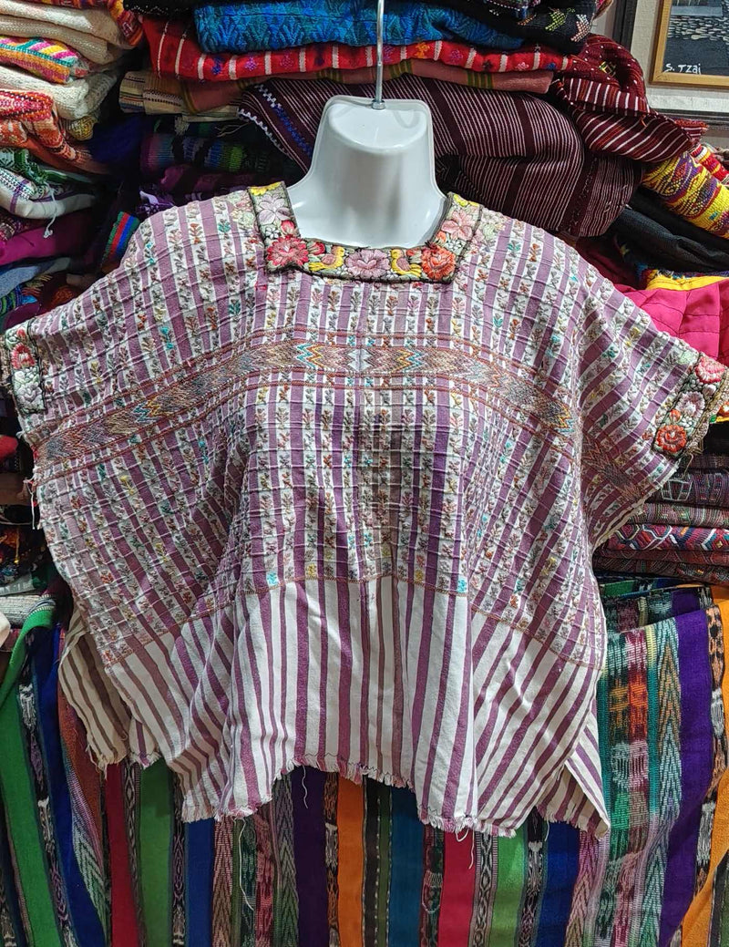 Berry and White Striped San Lucas Huipil #7-550