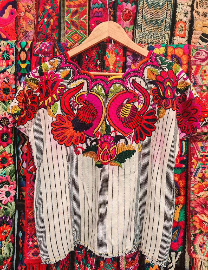 Peacocks on White Stripes Chichicastenango Huipil #8-8