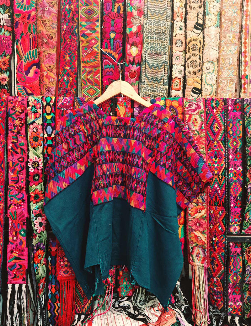 Pink on Teal Chichicastenango Huipil #8-14