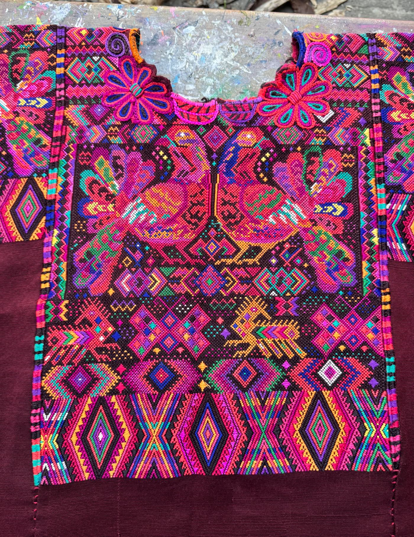 Multicolor peacocks on brown Chichicastenango Huipil #8-57