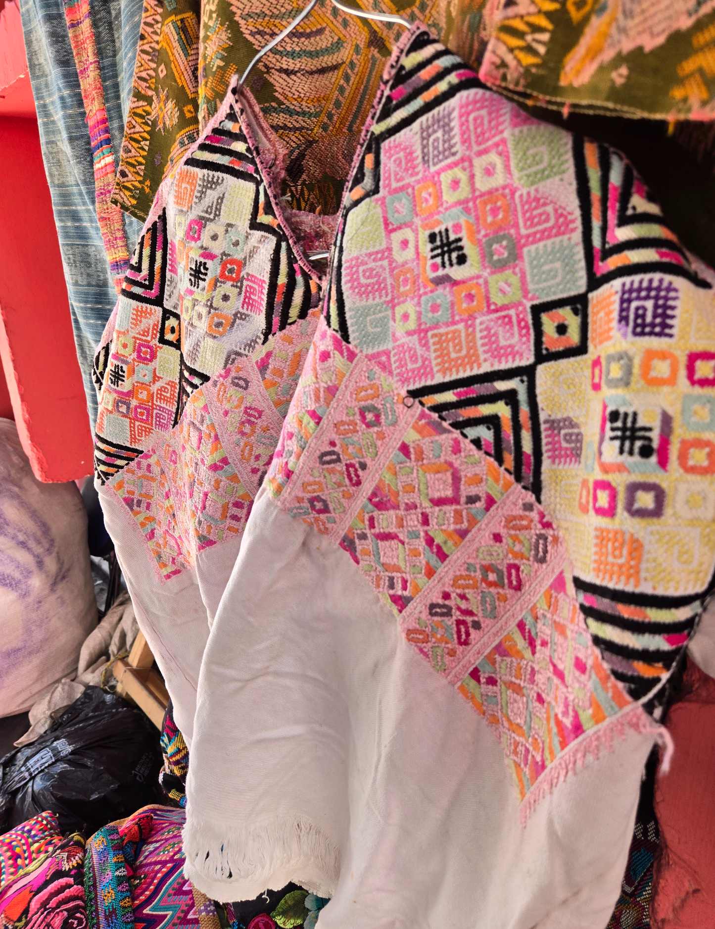 Cream and Pink Geometric Nahualá Huipil #8-61