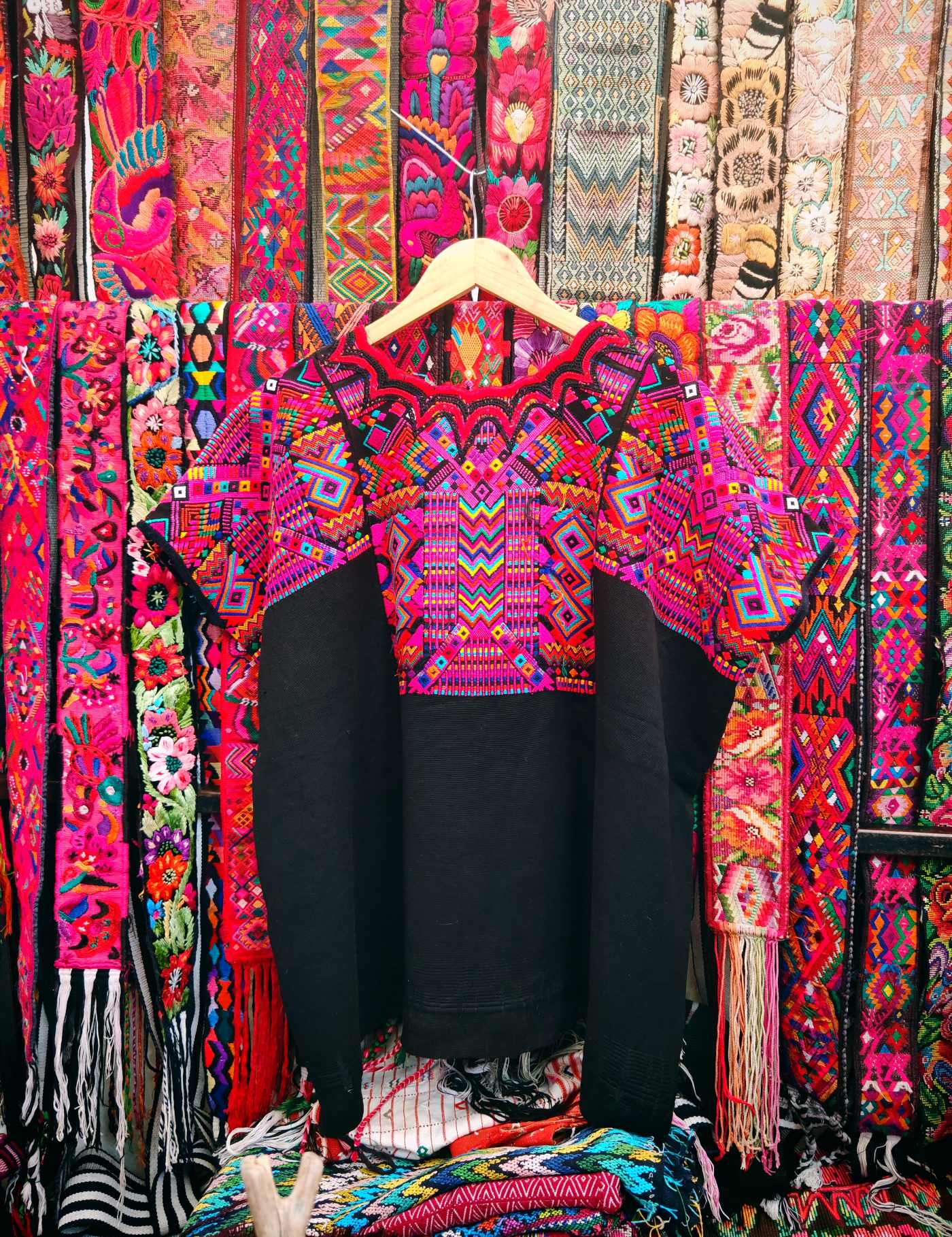 Pink Geometrics on Black Chichicastenango Huipil #8-65