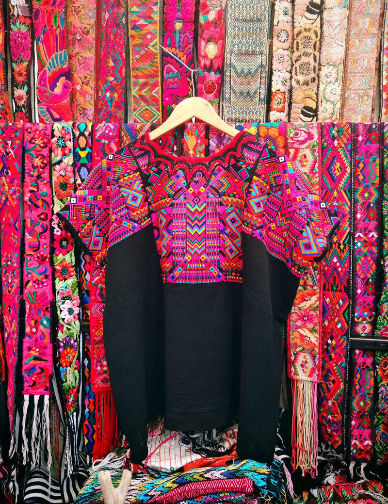 Pink Geometrics on Black Chichicastenango Huipil #8-65