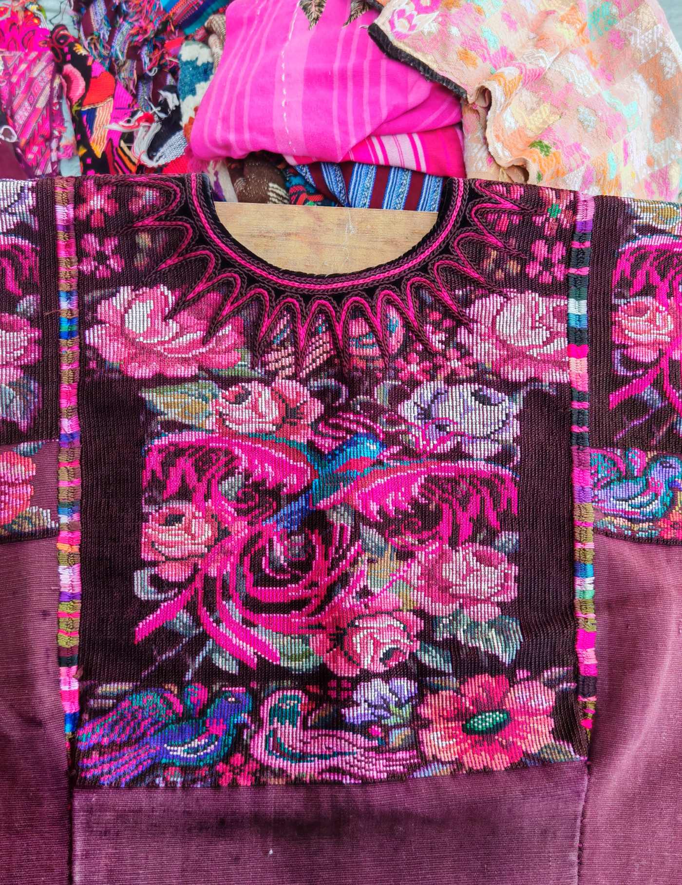 Stylised flowers on Brown Chichicastenango Huipil #8-66