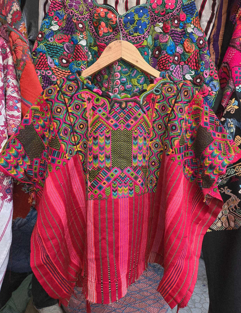 Abstract on Red and Pink Stripes Chichicastenango Huipil #8-128