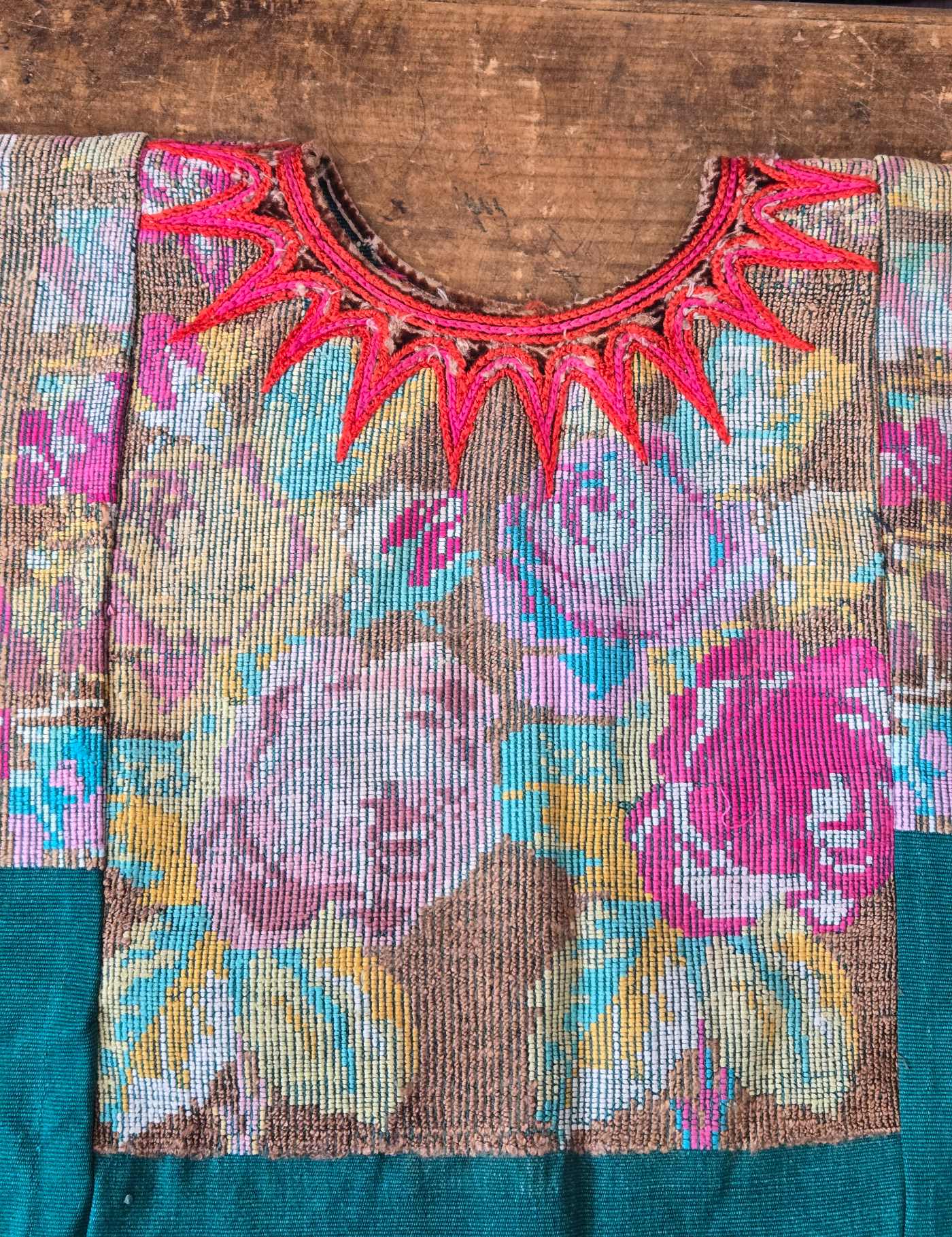 Faded Flowers on Teal Chichicastenango Huipil #8-133