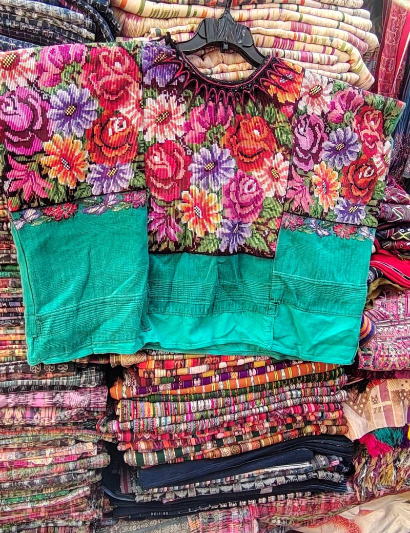 Green Background with Roses Chichicastenango Huipil #8-215