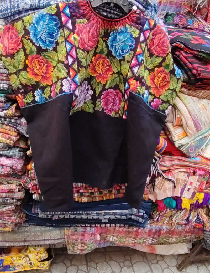 Colourful Roses on Black Chichicastenango Huipil #8-229