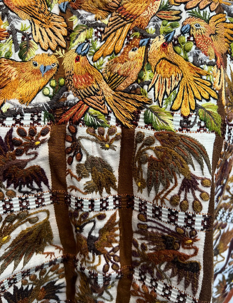 White background with birds in brown tones Santiago Huipil #8-340
