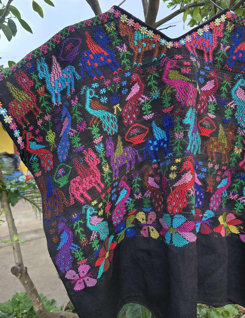 Colourful Animals on Black Ravinal Huipil #8-379