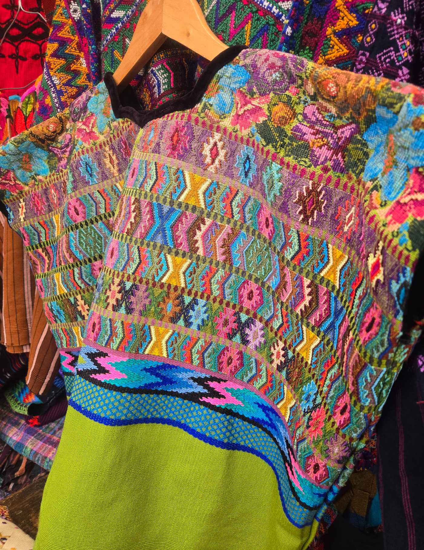 Colourful on Lime Green Comalapa Huipil #8-517