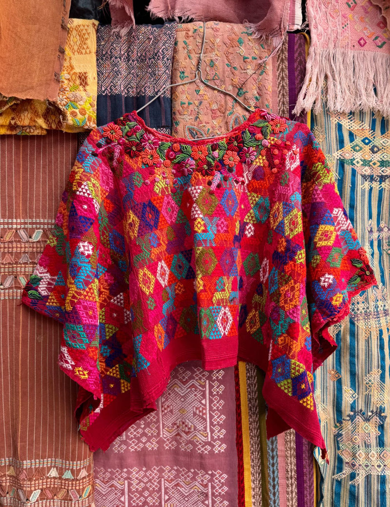 Red with Rococo Neckline Cobán Huipil #8-534