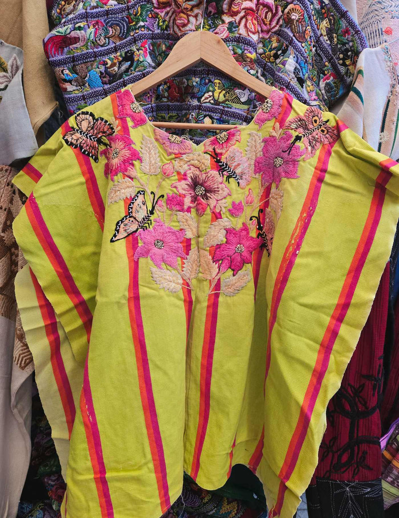 Chartreuse With Pink Butterflies Santiago Huipil #9-8