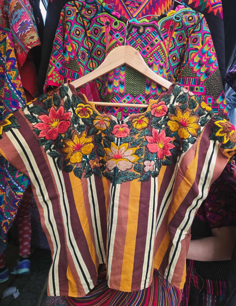 Brown Stripes and Flowers Santiago Huipil #9-34