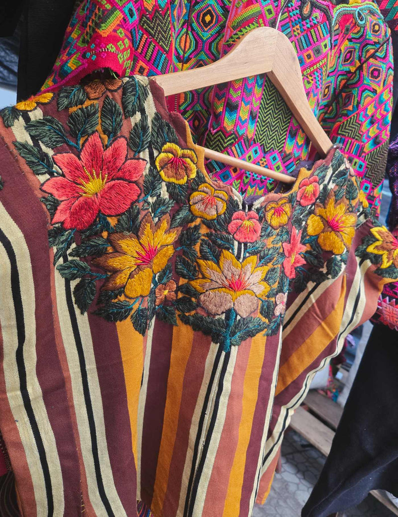 Brown Stripes and Flowers Santiago Huipil #9-34