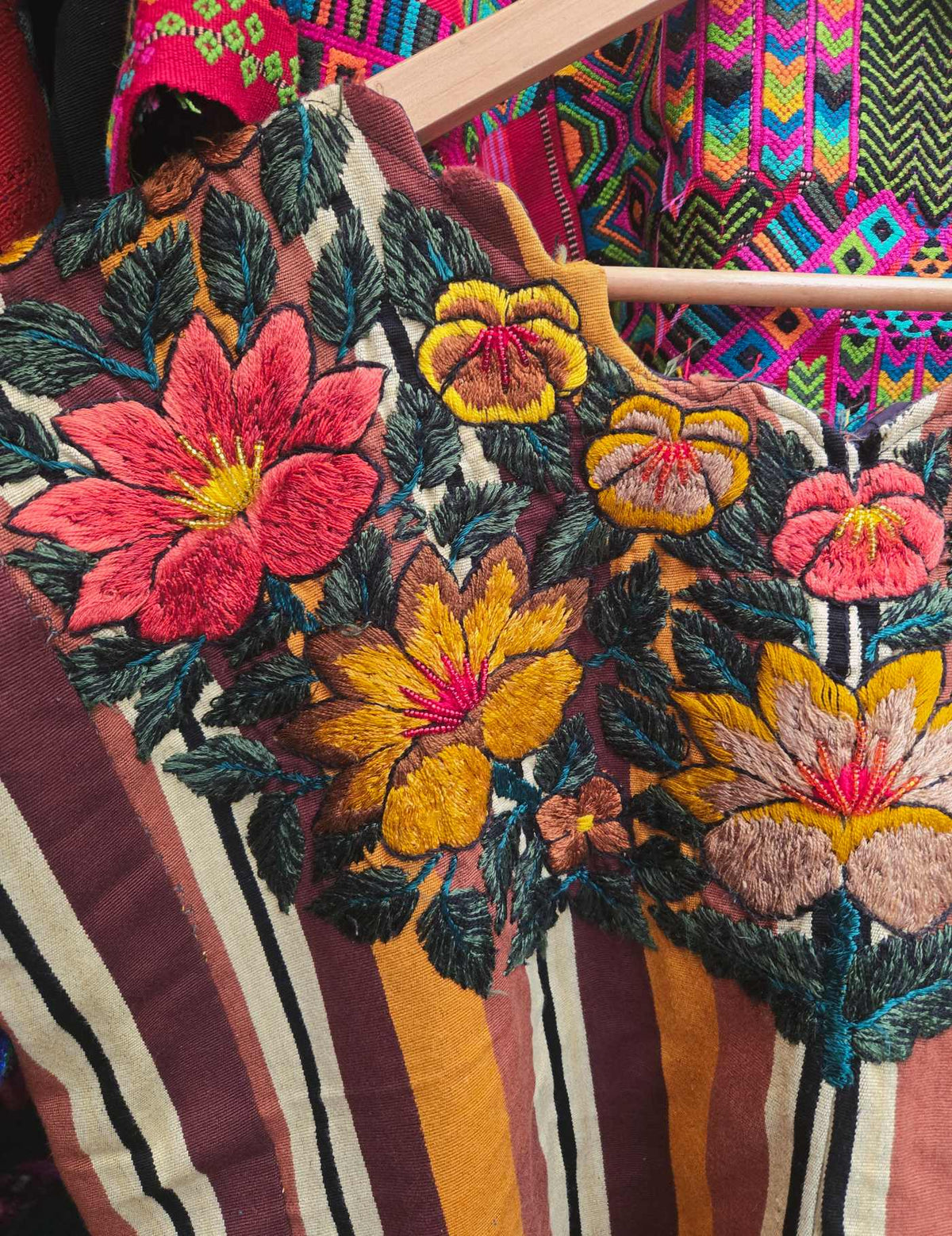 Brown Stripes and Flowers Santiago Huipil #9-34