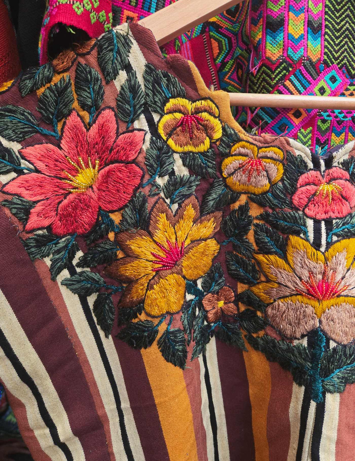 Brown Stripes and Flowers Santiago Huipil #9-34