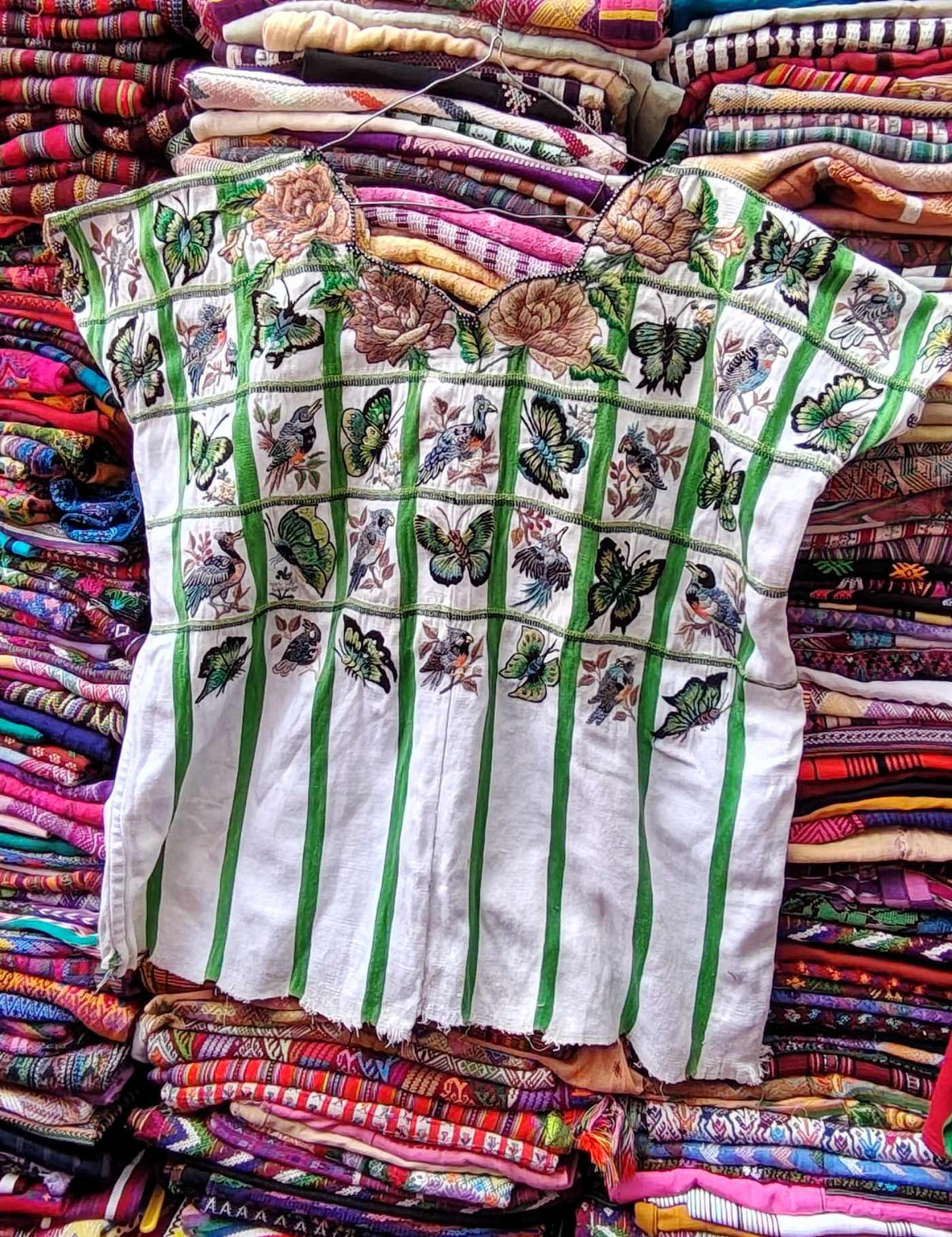 Green and White with Birds and Butterflies Santiago Huipil #9-203