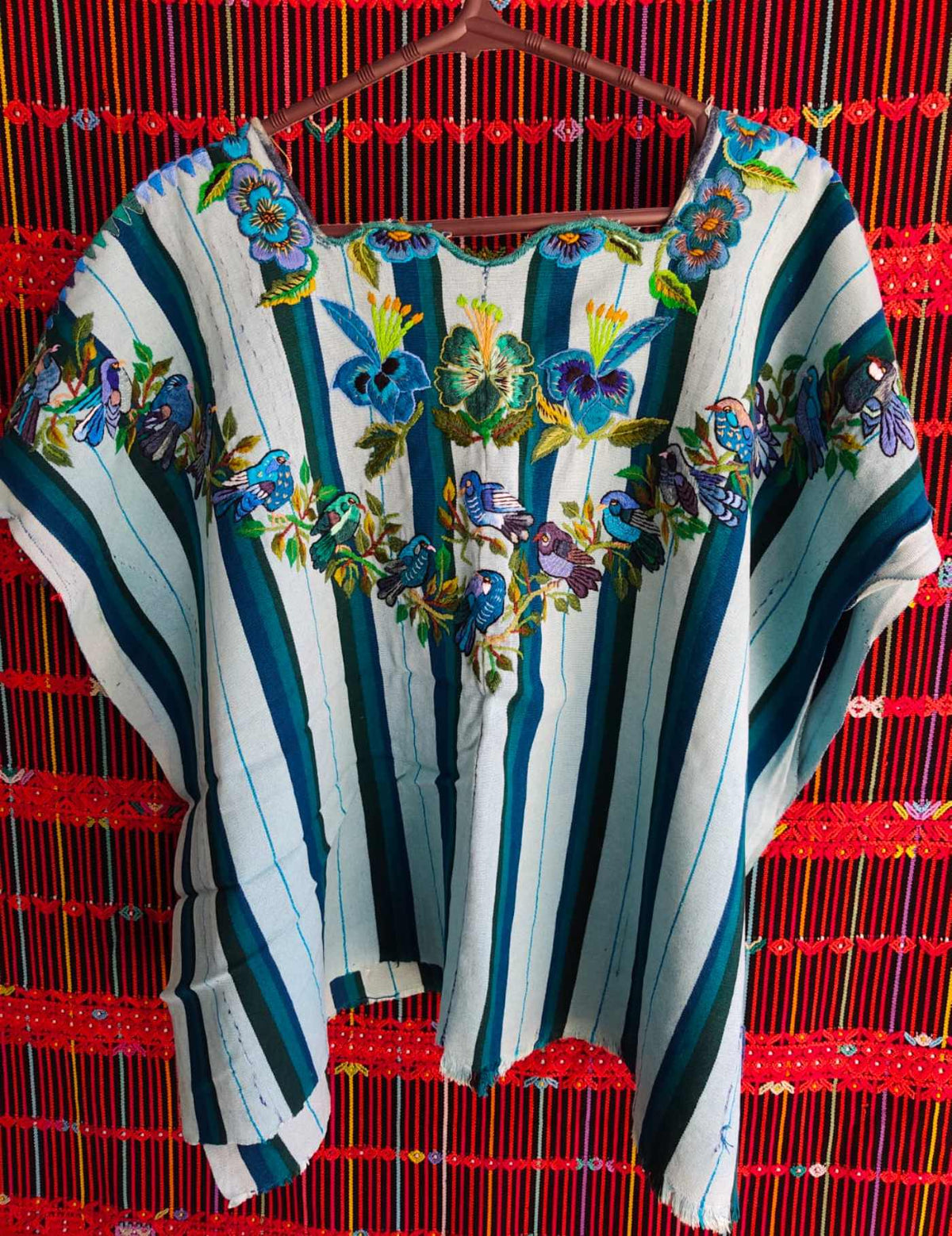 Flowers with blue and green birds Santiago Huipil #9-254