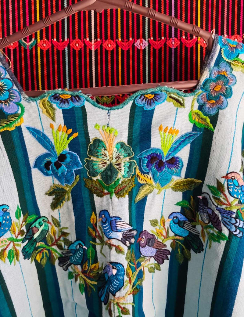 Flowers with blue and green birds Santiago Huipil #9-254