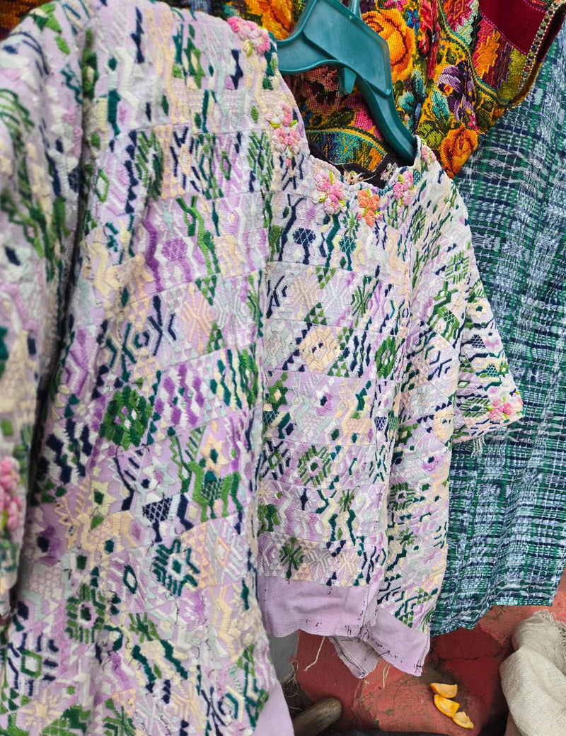 Lilac and Green with Rococo Neckline Cobán Huipil #9-312