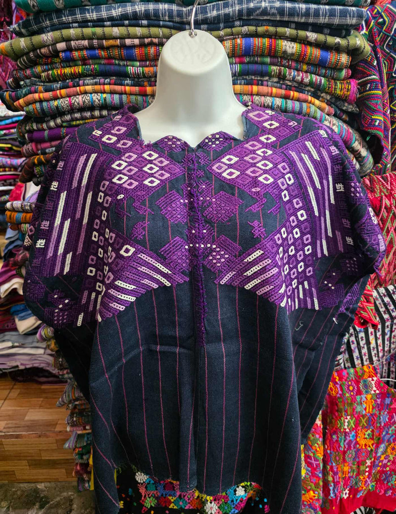 Purple Peacocks on Indigo Nahualá Huipil #9-414