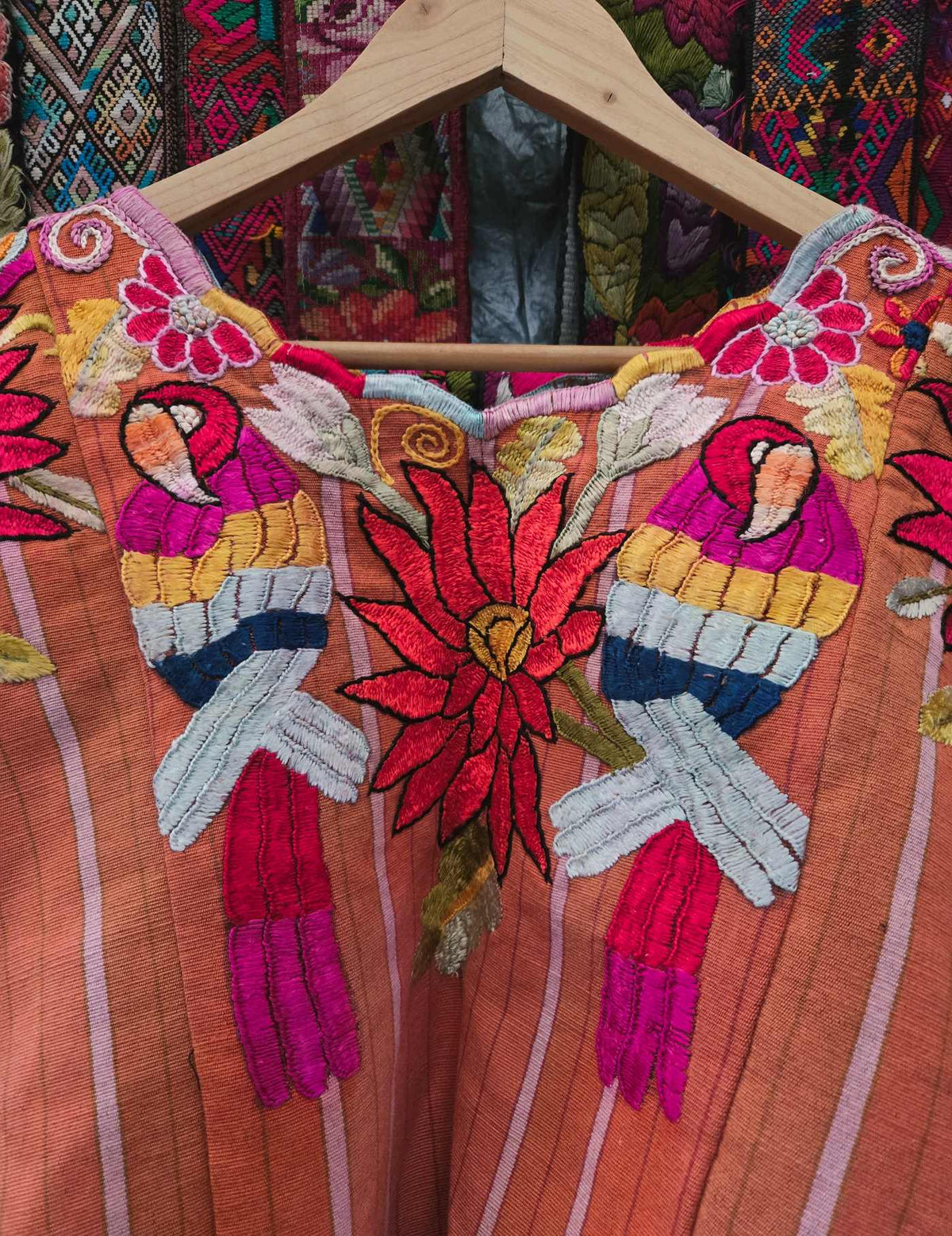 Silk Parrots on Brown Chichicastenango Huipil #9-477