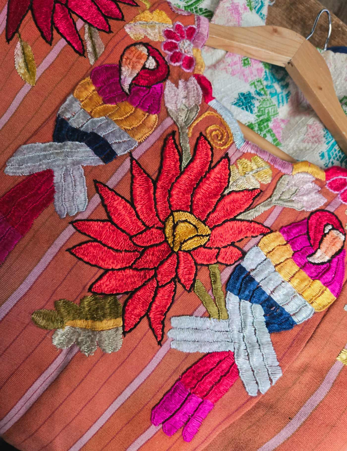 Silk Parrots on Brown Chichicastenango Huipil #9-477