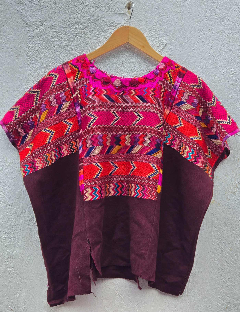 Red and Pink on Brown Chichicastenango Huipil #10-29