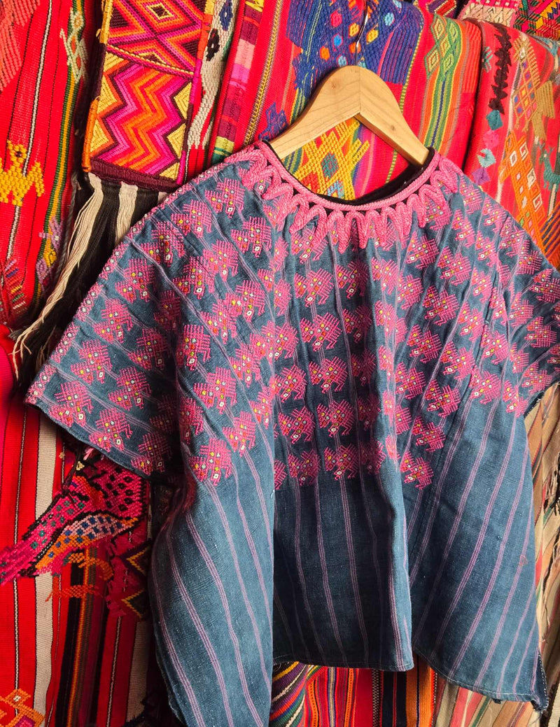 Indigo with Pink Eagles Nahualá Huipil #10-37