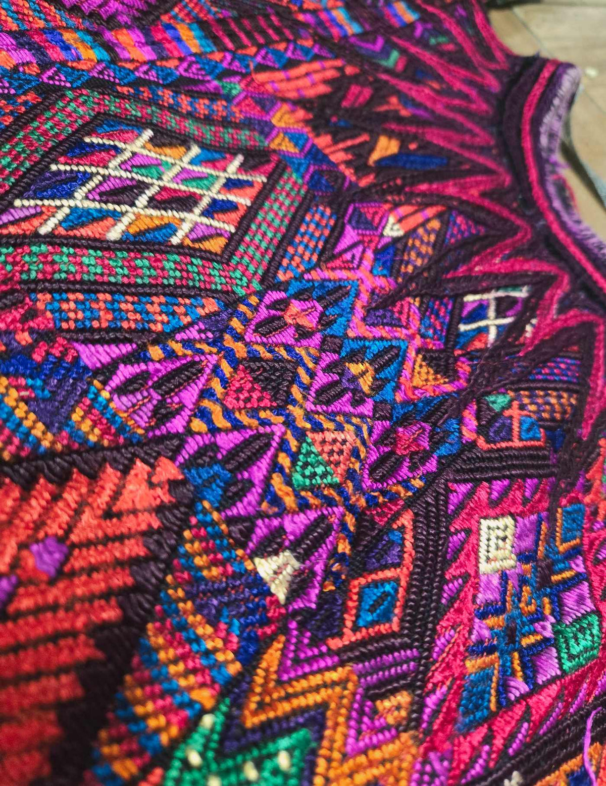 Silk Embroidery on Stripes Chichicastenango Huipil #10-64