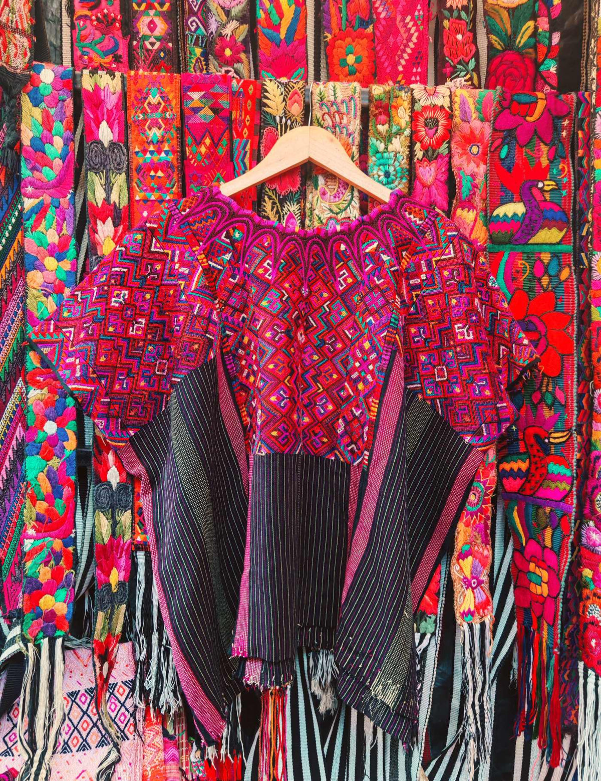 Pink Geometrics on Black Stripes Chichicastenango Huipil #10-110