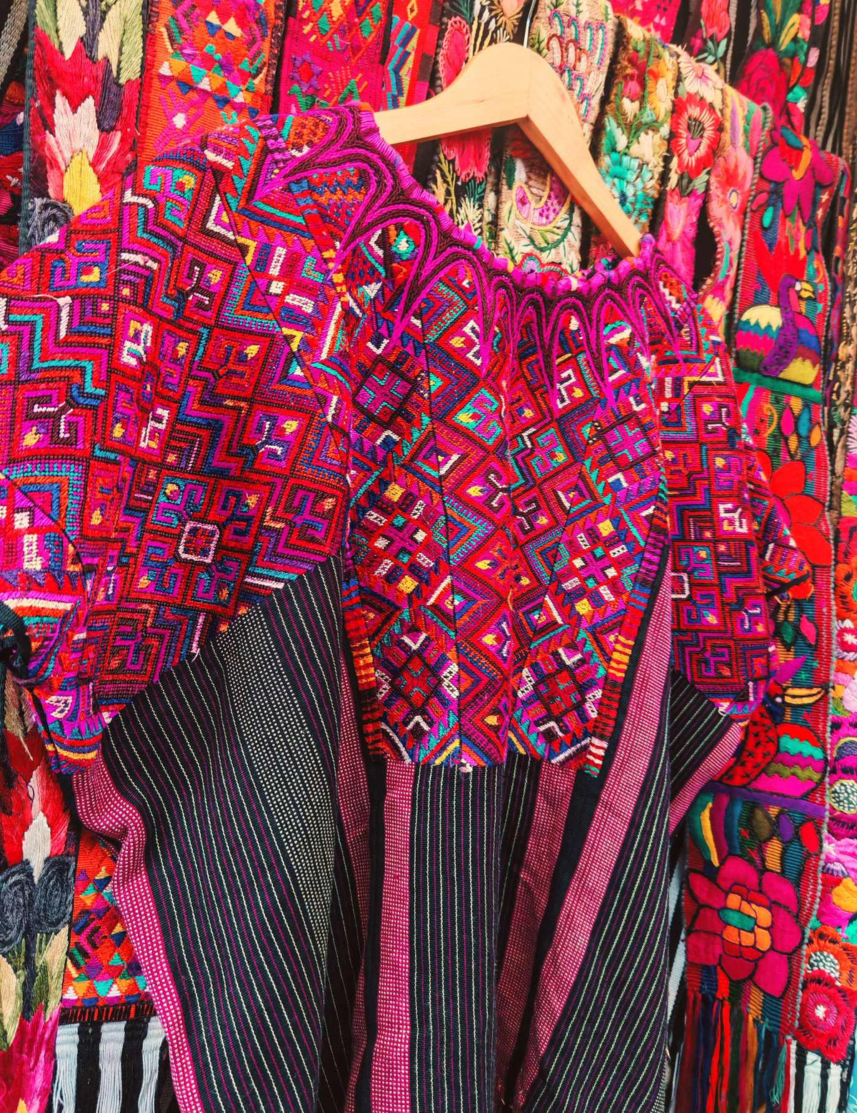 Pink Geometrics on Black Stripes Chichicastenango Huipil #10-110