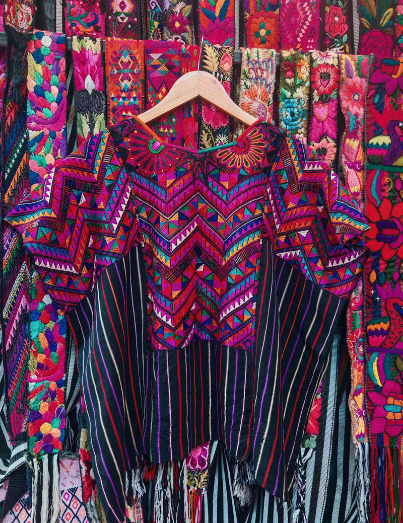 Silk Embroidery in Berry Chichicastenango Huipil #10-112